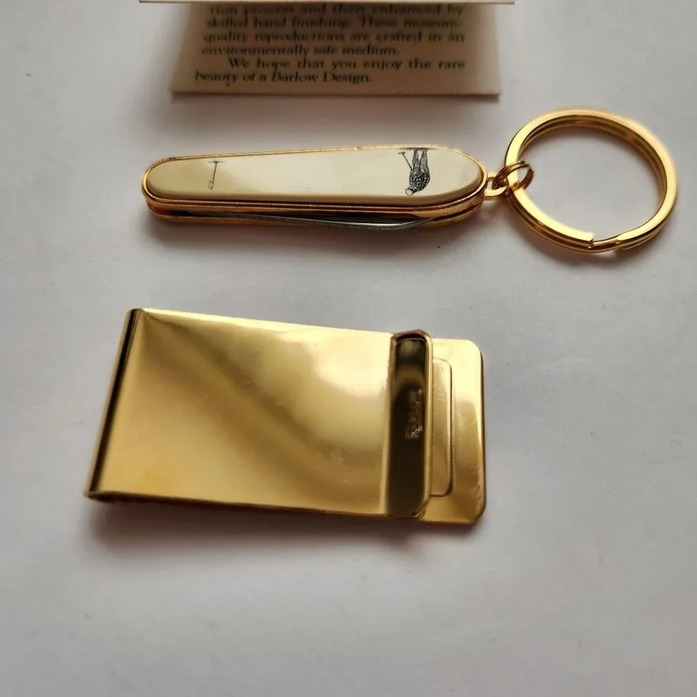 Vintage Barlow Designs Gold Money Clip and Keychain Set With Golfer Design